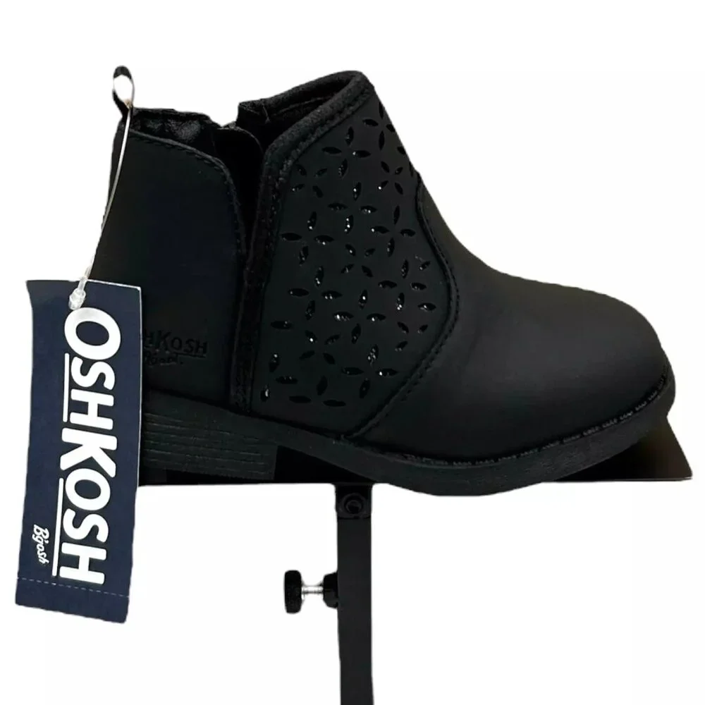 OshKosh B'Gosh Girl's Estell‎ Ankle Boots Size 7 Black Glitter Accent Side Zip